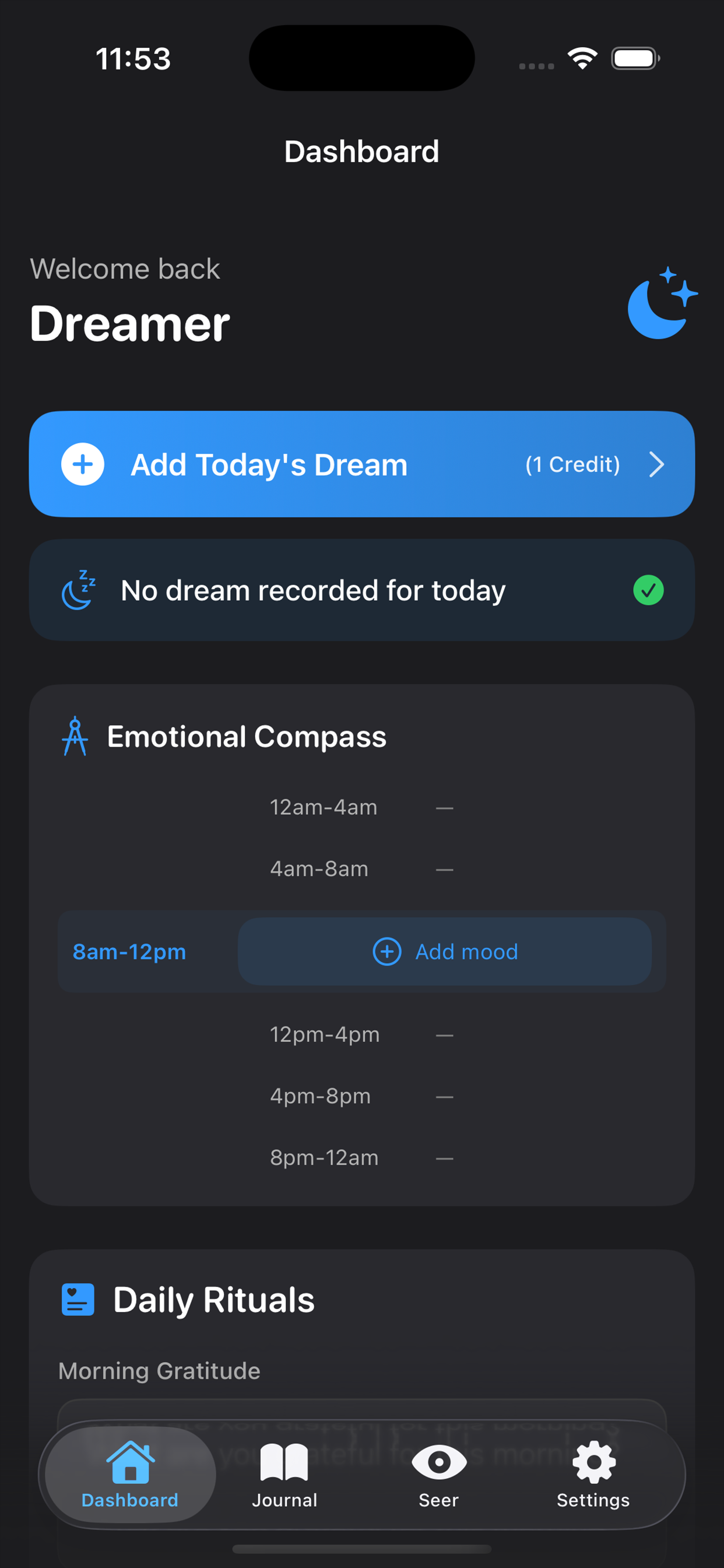 Dream Sift dashboard with today's dream prompt and emotional compass
