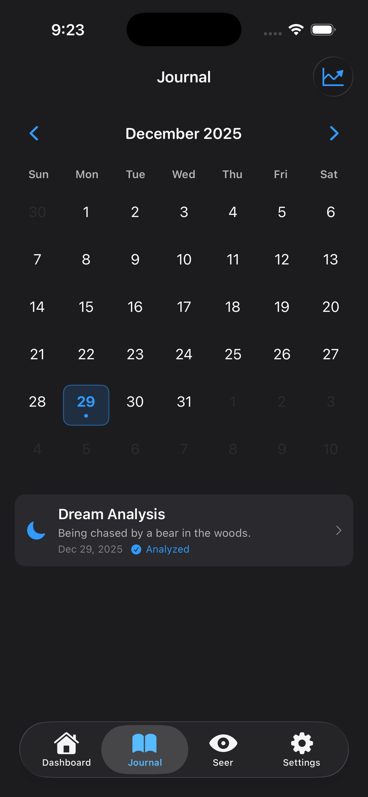 Dream Sift journal calendar with analyzed dream entry