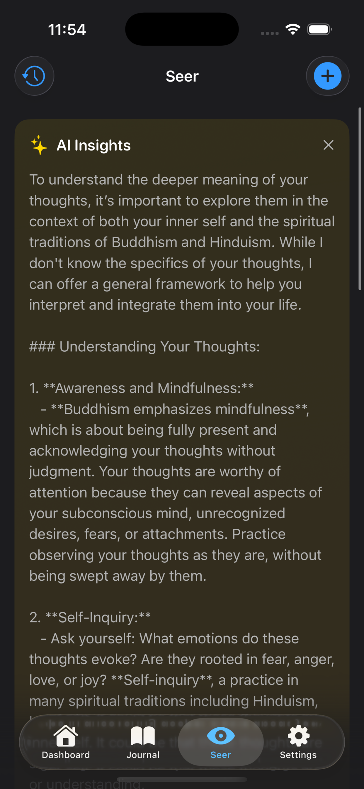 Dream Sift Seer screen with AI insights